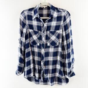 Laju Button Down Long Sleeve Plaid Flannel Shirt Top Blouse Blue Small